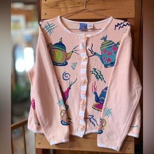Onque Casuals Pink Cardigan with Teapot Design